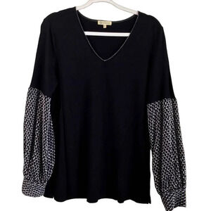 Democracy Womens M Black Blouse V Neck Contrast Sheer Sleeves  FLAW